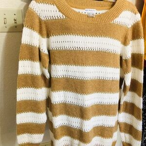 VENUS Striped Open-Knit Crew Sweater in White and Mustard